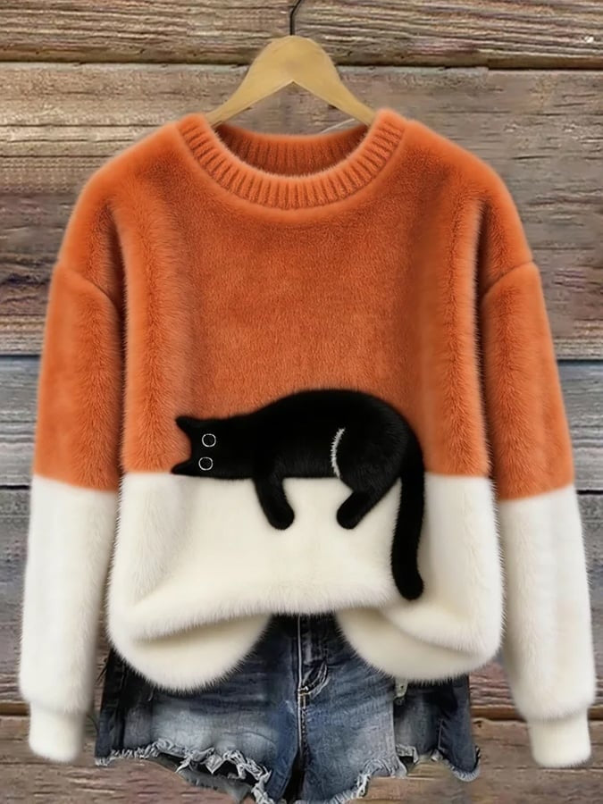 Emily | Women's Soft Knit Sweater Cat Print Crew Neck