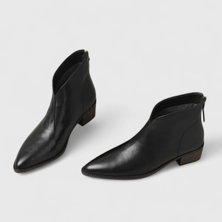 Ashley | Women's Leather Western Ankle Boots Flat Pointed Toe
