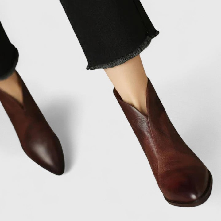 Ashley | Women's Leather Western Ankle Boots Flat Pointed Toe