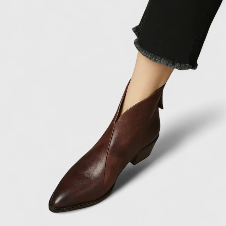 Ashley | Women's Leather Western Ankle Boots Flat Pointed Toe