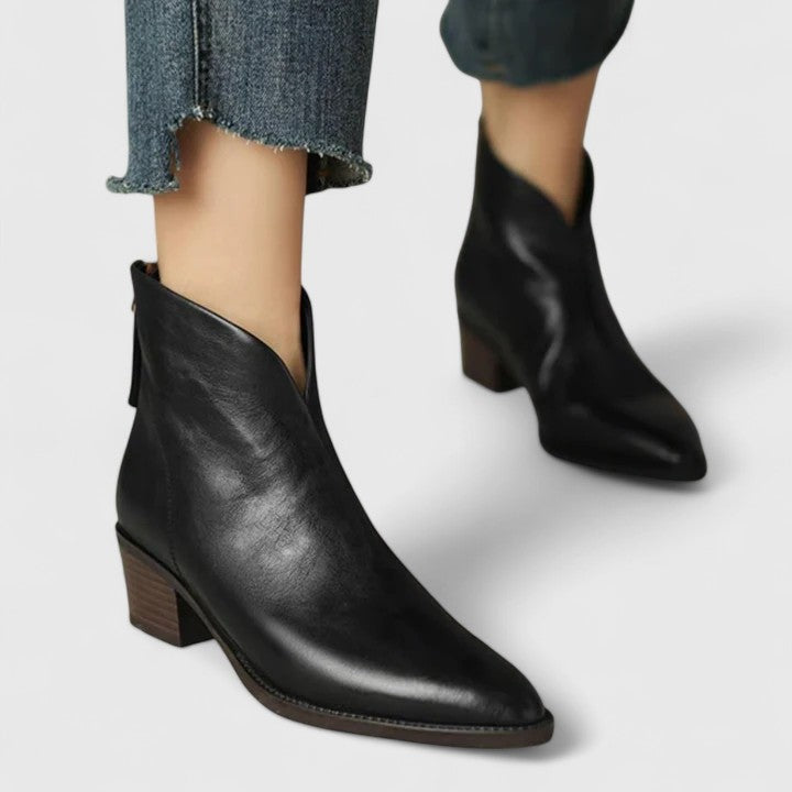 Ashley | Women's Leather Western Ankle Boots Flat Pointed Toe