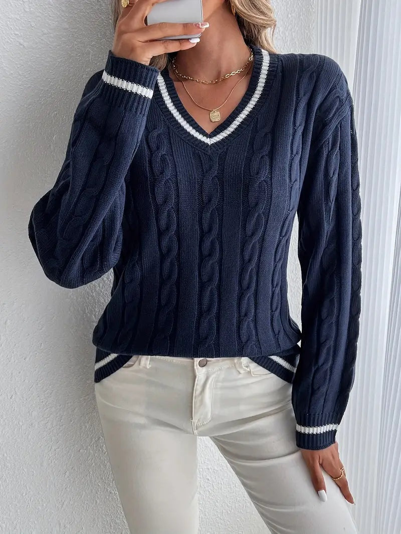 Harper | Women's Striped Cable Knit Sweater V Neck