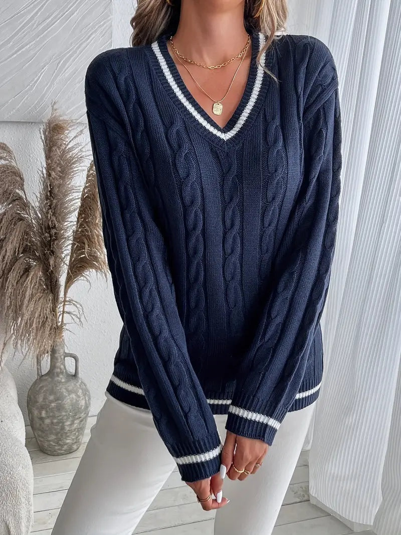 Harper | Women's Striped Cable Knit Sweater V Neck