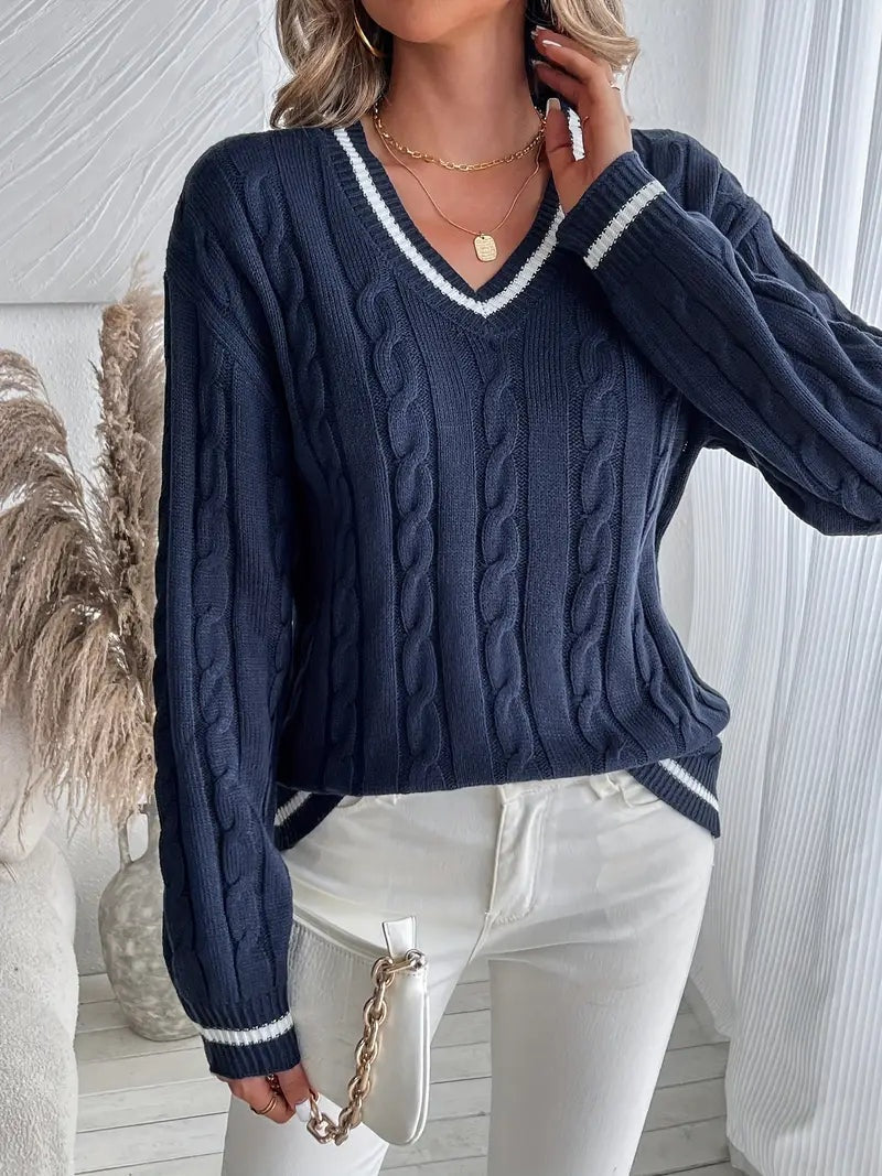 Harper | Women's Striped Cable Knit Sweater V Neck