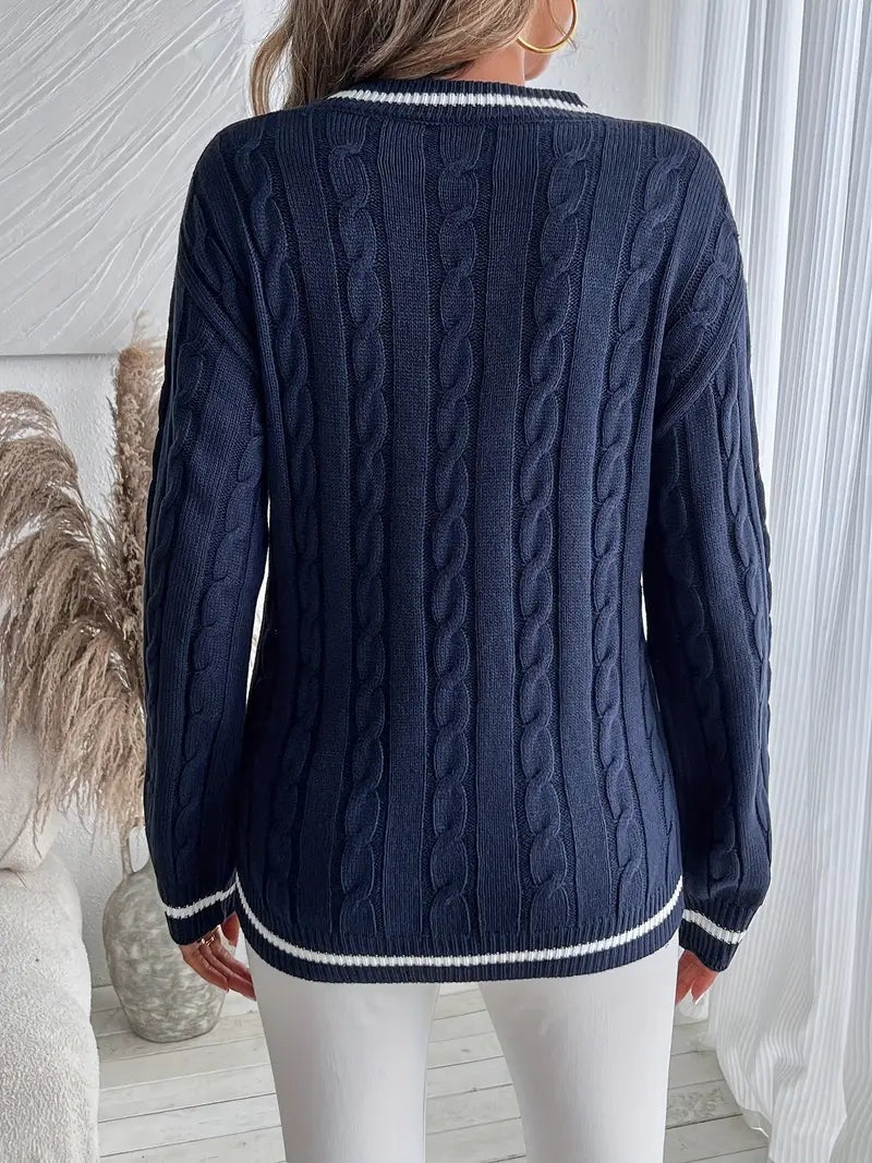 Harper | Women's Striped Cable Knit Sweater V Neck