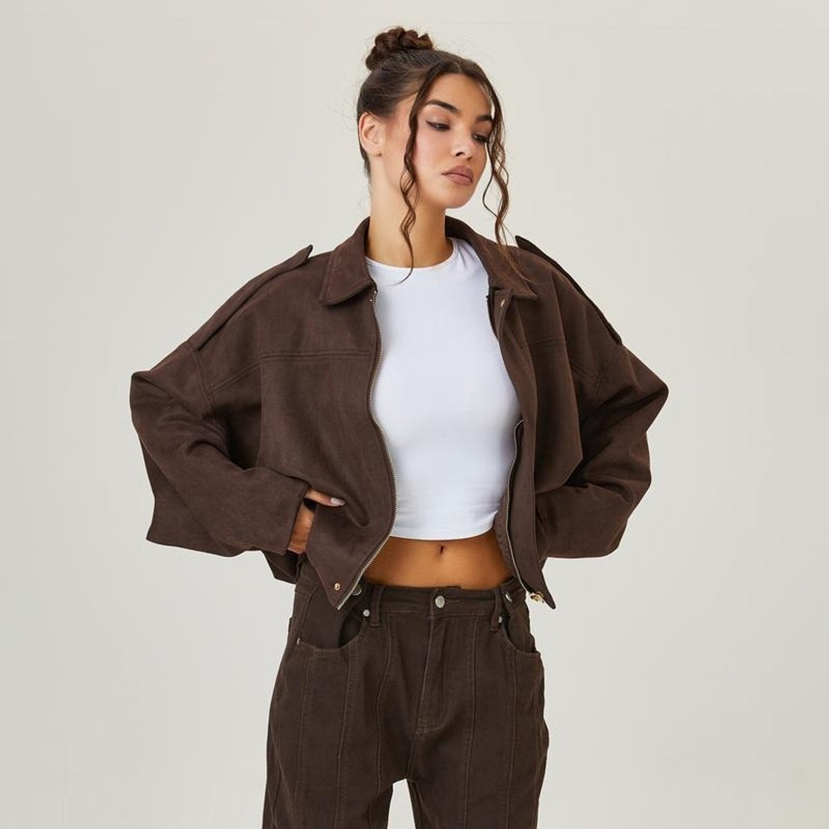 Phoebe | Women's Oversized Faux Suede Bomber Jacket Long Sleeve