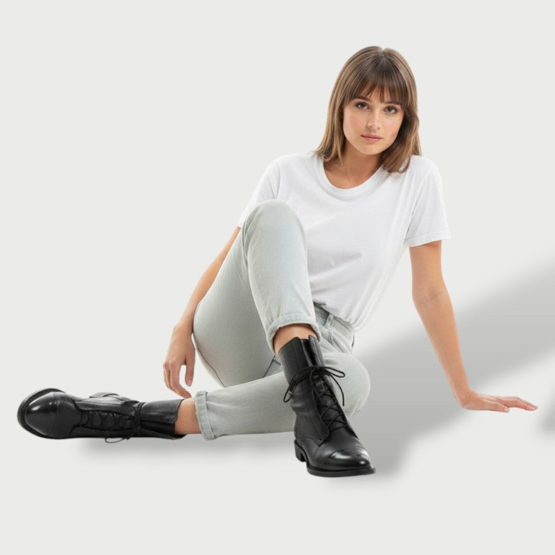 Elena | Women's Leather Lace Up Boots Mid Calf Cap Toe