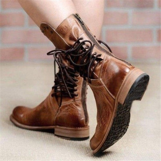 Megan | Women's Combat Boots Lace Up Mid Calf Low Heel