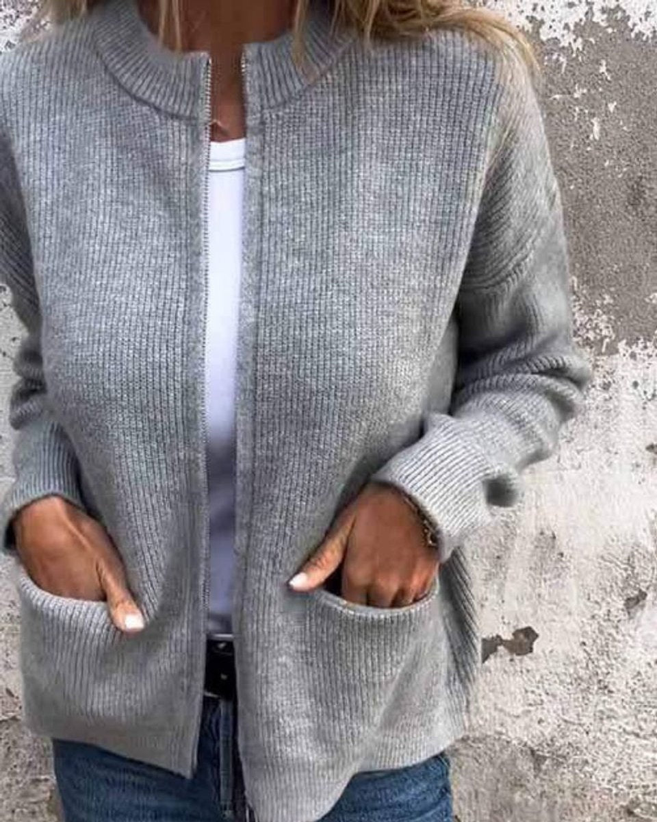 Amelia | Women's Zip Up Cardigan Sweater Knit Front Pockets