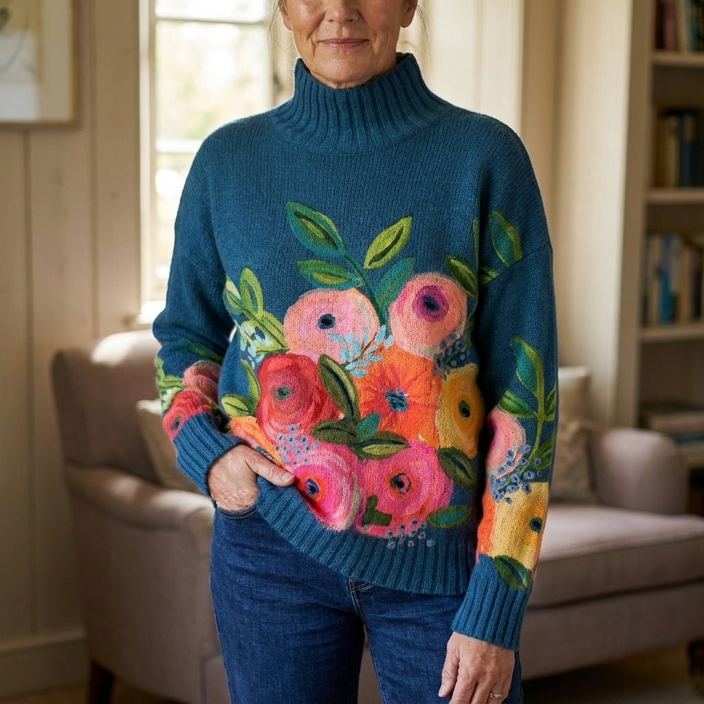 Ella | Women's Floral Knit Turtleneck Sweater Oversized