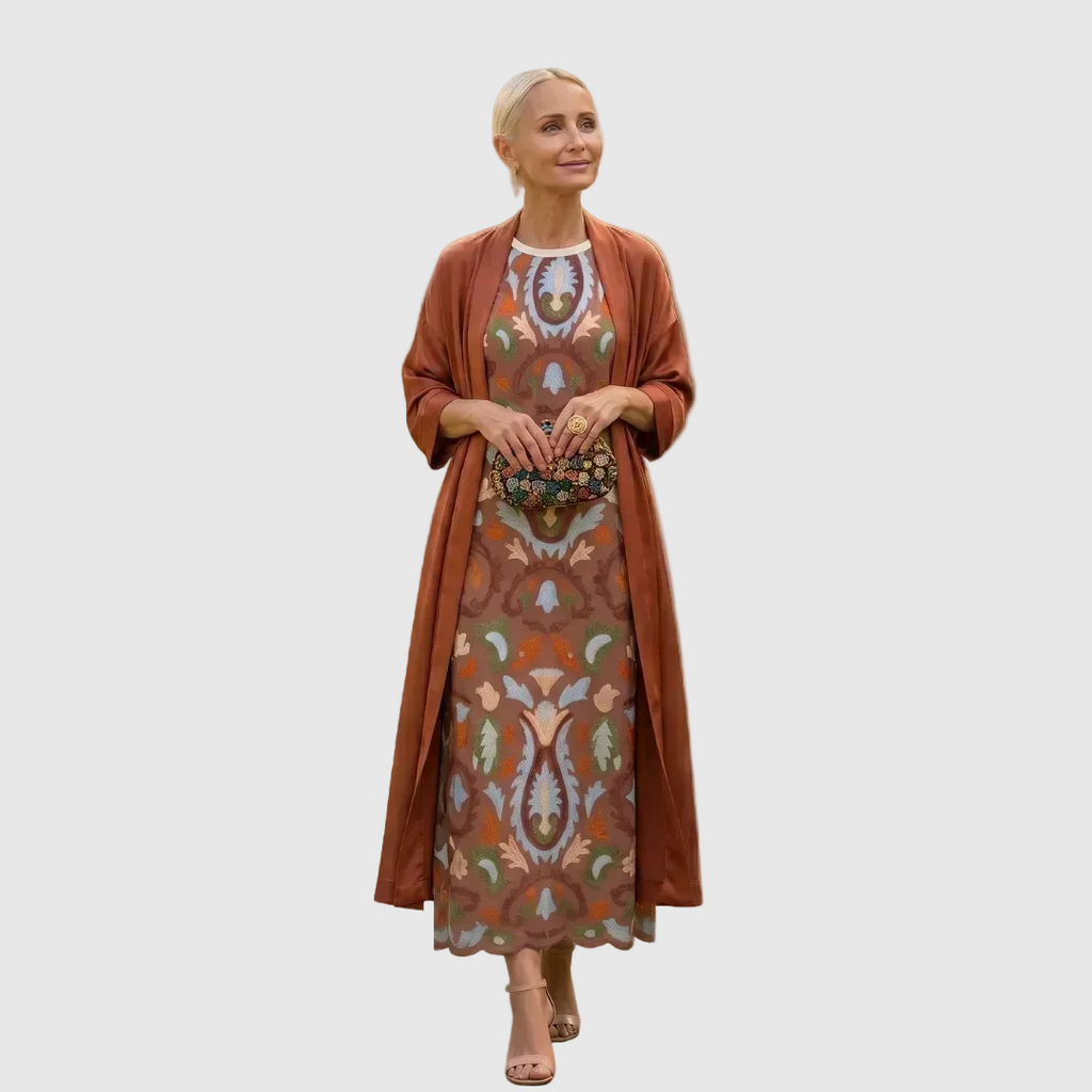 Ellie | Women's Printed Midi Winter Formal Dress with Matching Duster