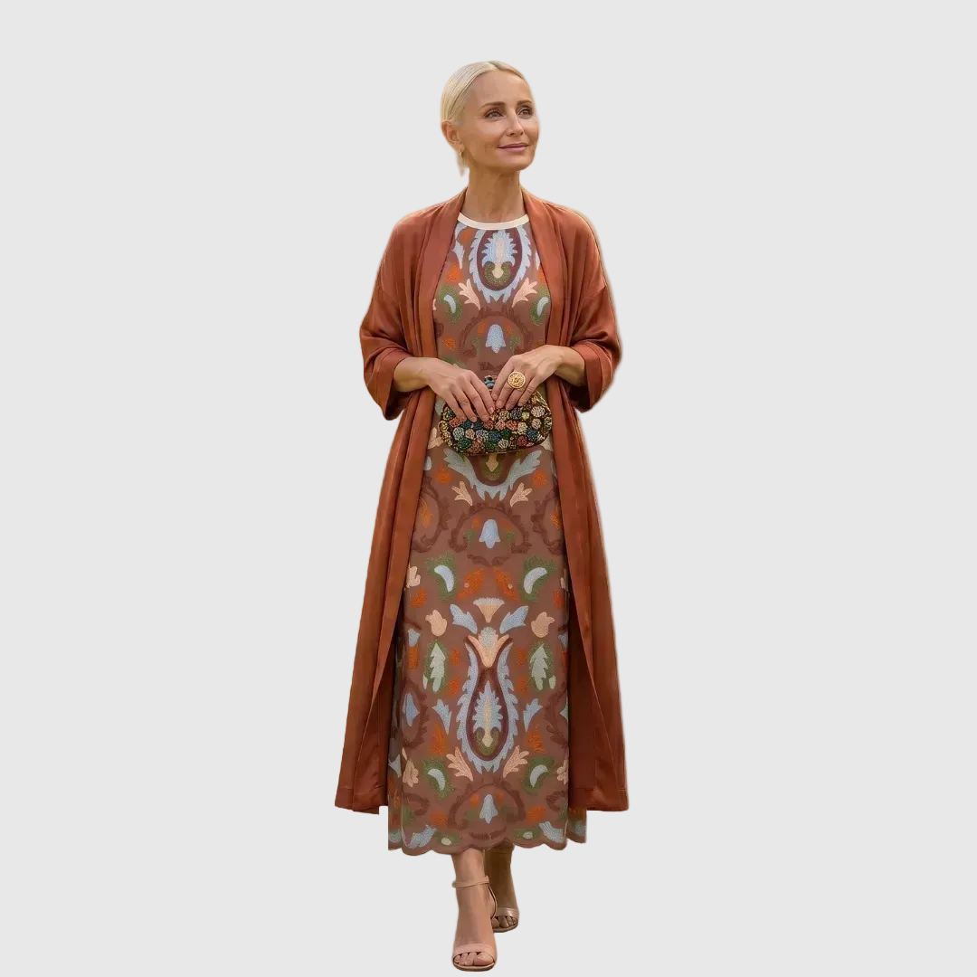Ellie | Women's Printed Midi Winter Formal Dress with Matching Duster