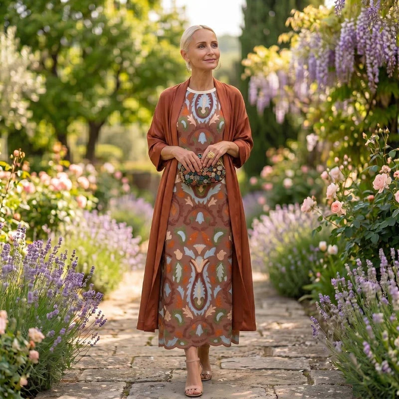 Ellie | Women's Printed Midi Winter Formal Dress with Matching Duster