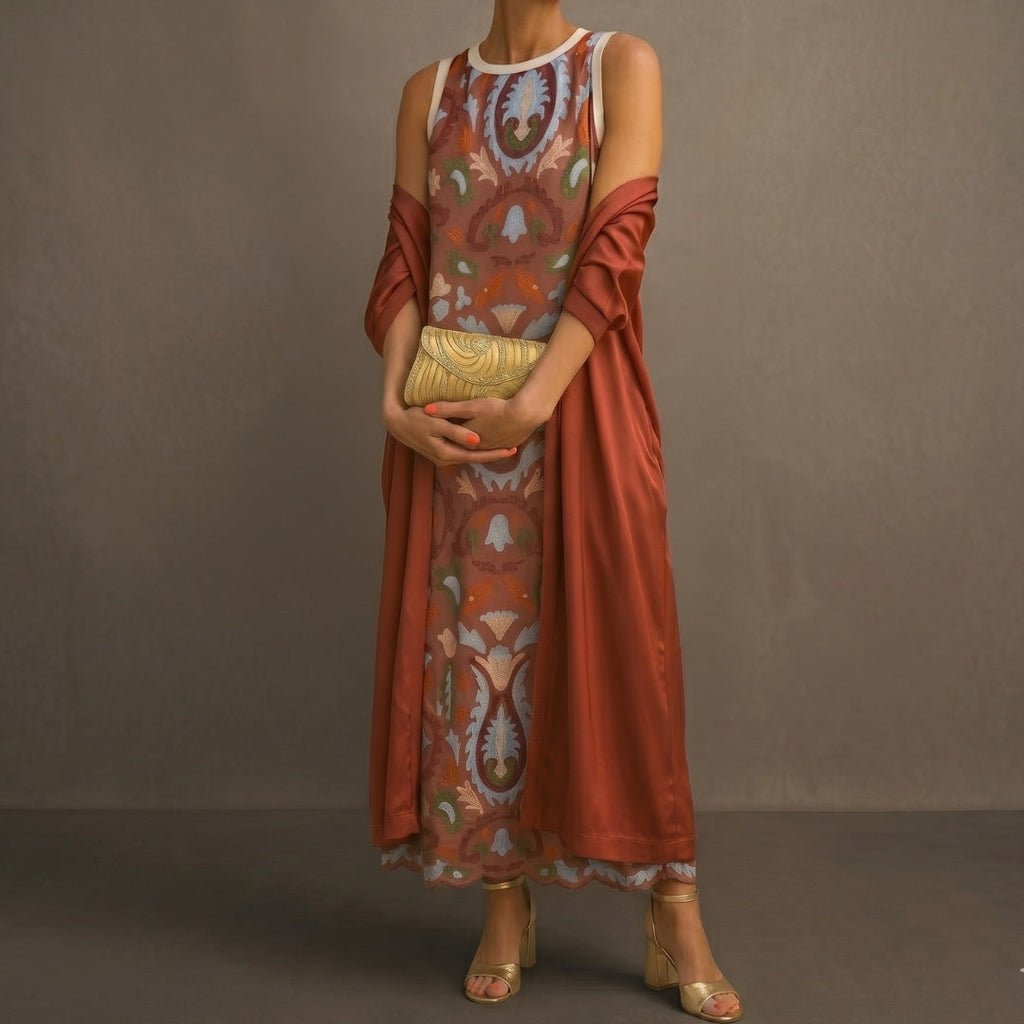 Ellie | Women's Printed Midi Winter Formal Dress with Matching Duster