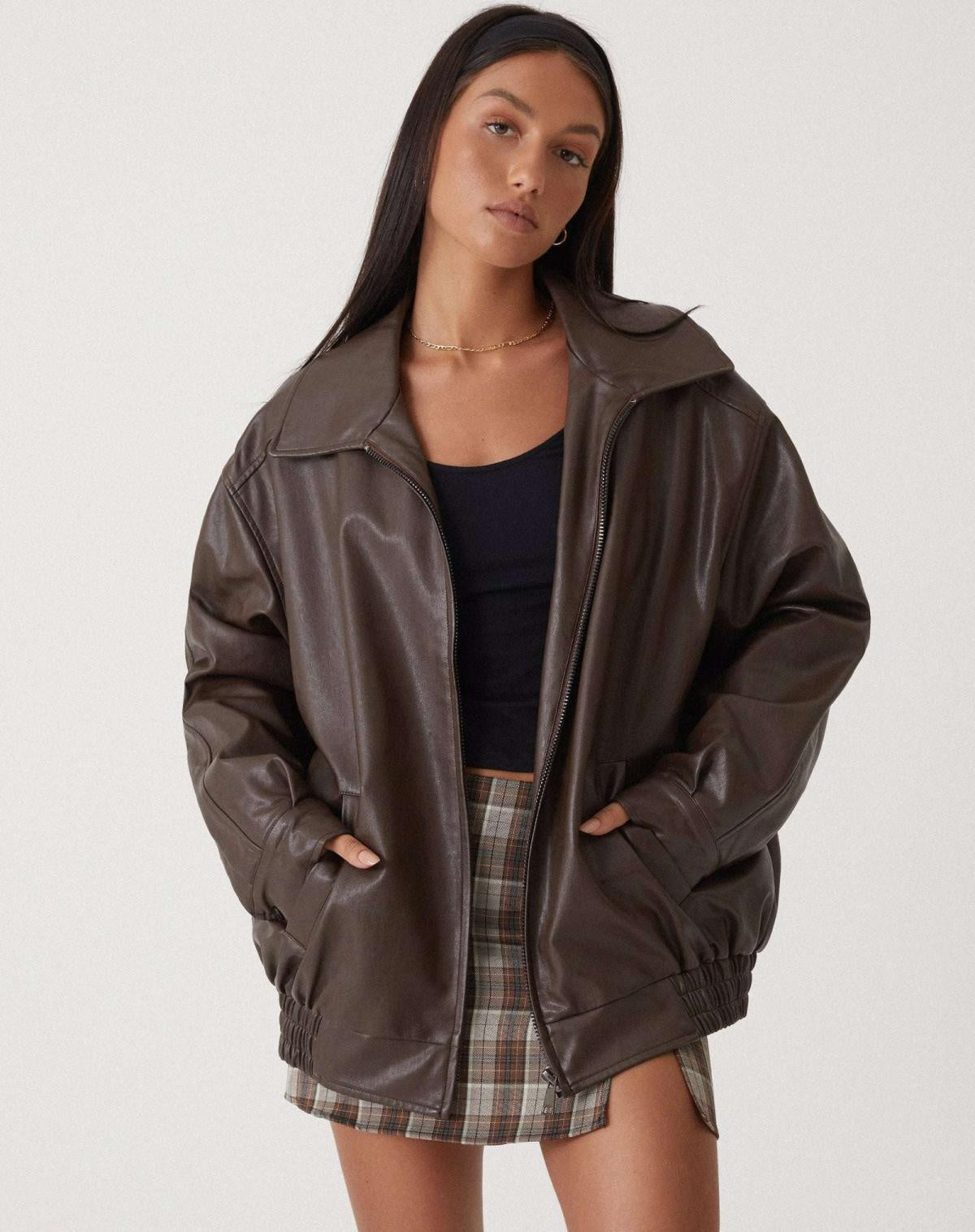 Angela | Women's Oversized Faux Leather Jacket Zip Up Lapel Collar