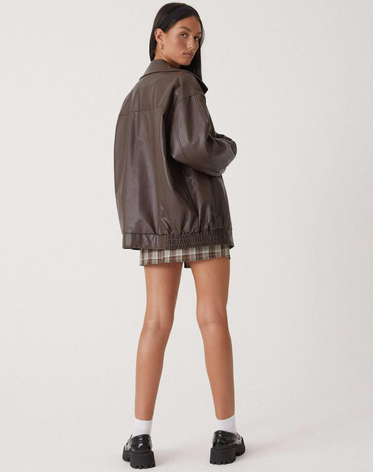Angela | Women's Oversized Faux Leather Jacket Zip Up Lapel Collar