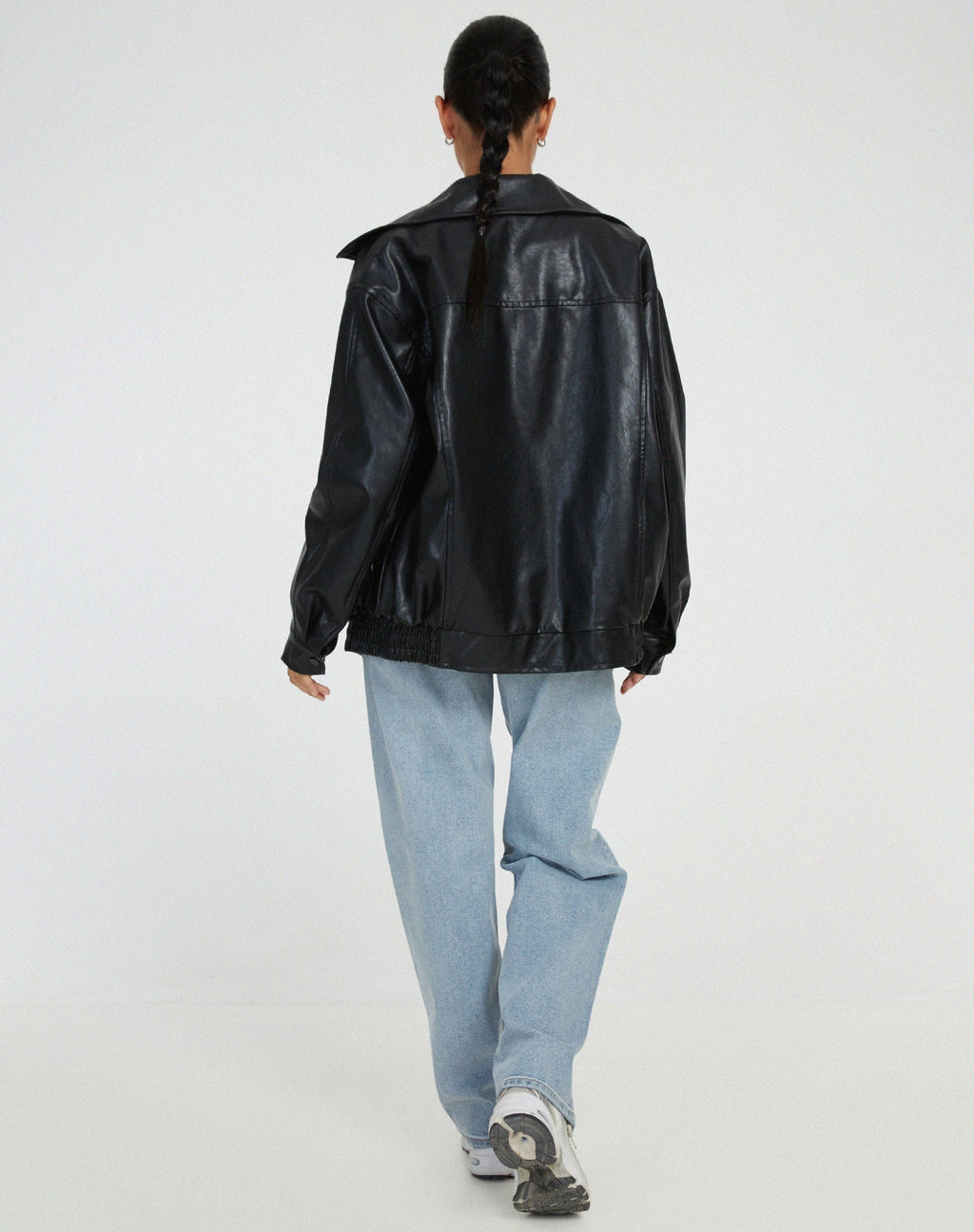 Angela | Women's Oversized Faux Leather Jacket Zip Up Lapel Collar