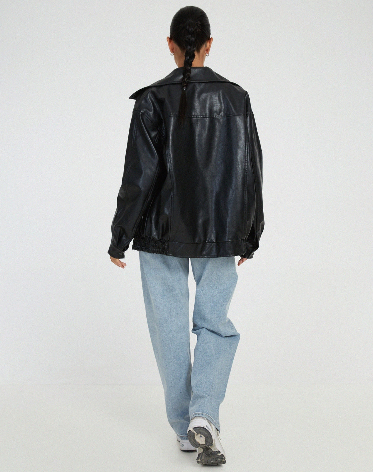 Angela | Women's Oversized Faux Leather Jacket Zip Up Lapel Collar