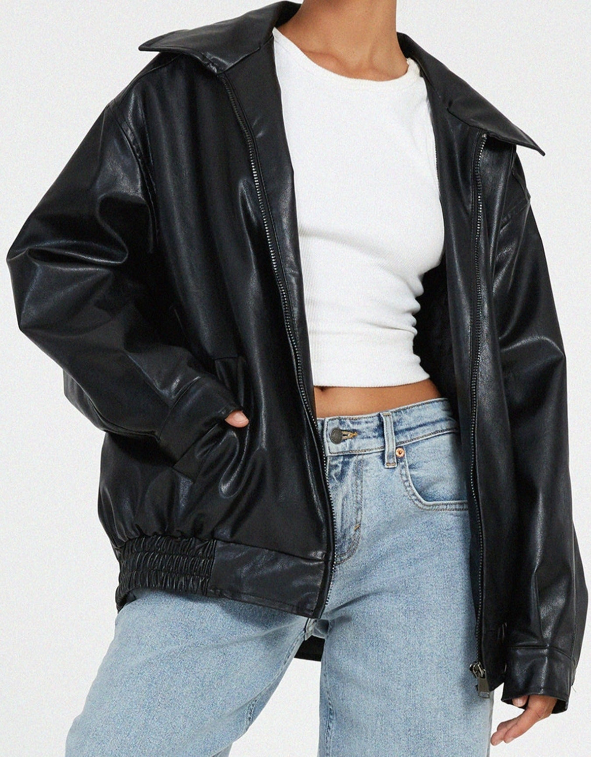 Angela | Women's Oversized Faux Leather Jacket Zip Up Lapel Collar