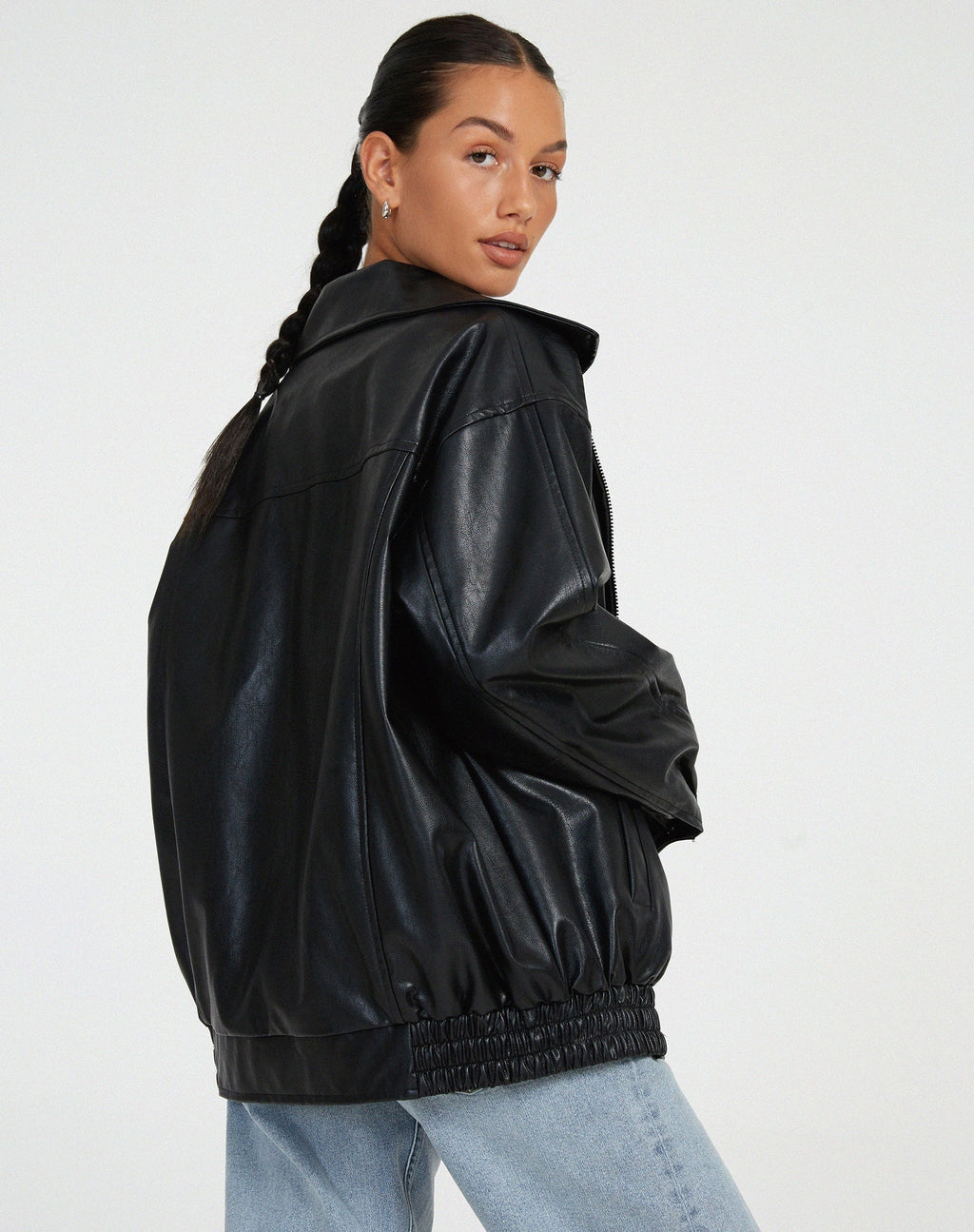 Angela | Women's Oversized Faux Leather Jacket Zip Up Lapel Collar