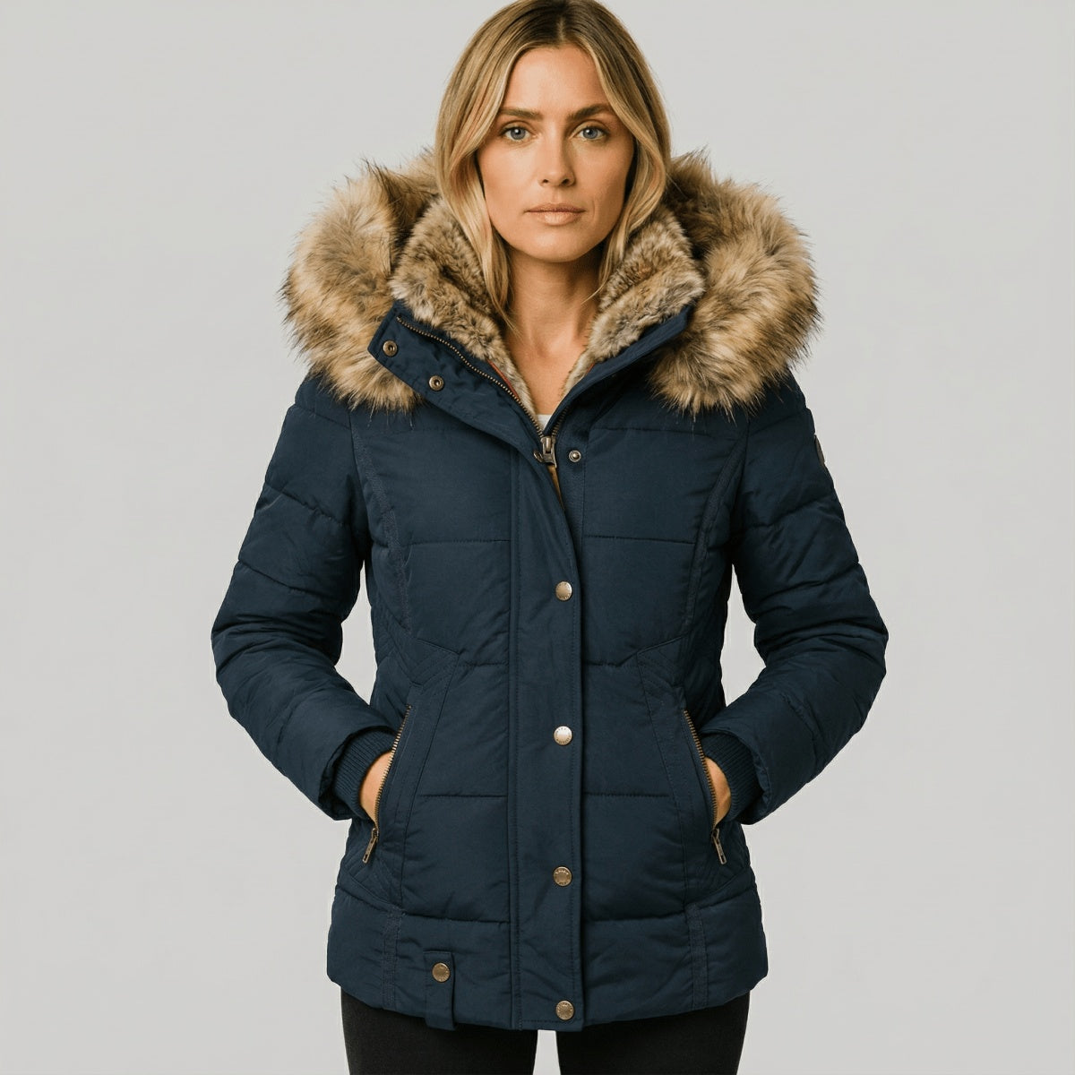 Madeline | Women's Quilted Winter Puffer Coat Faux Fur Hood Slim Fit