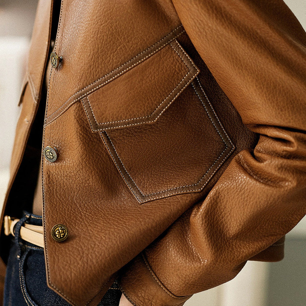 Noelle | Women's Faux Leather Jacket Button Front Pockets