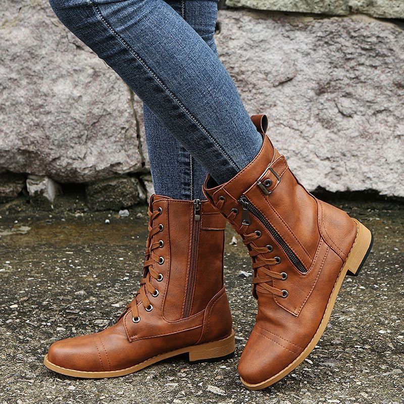 Angela | Women's Flat Boots Lace Up Side Zipper