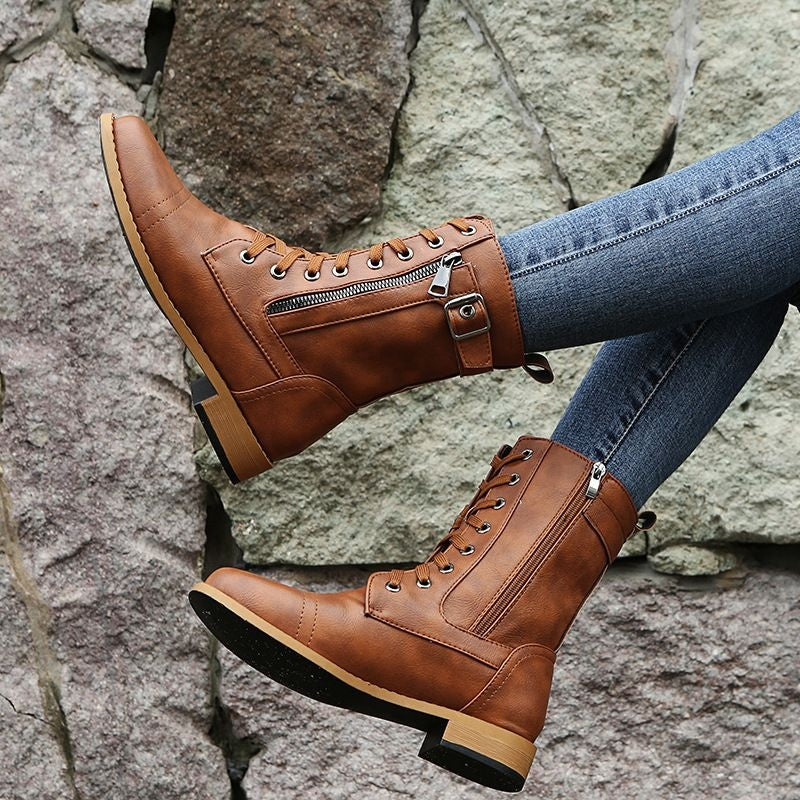 Angela | Women's Flat Boots Lace Up Side Zipper