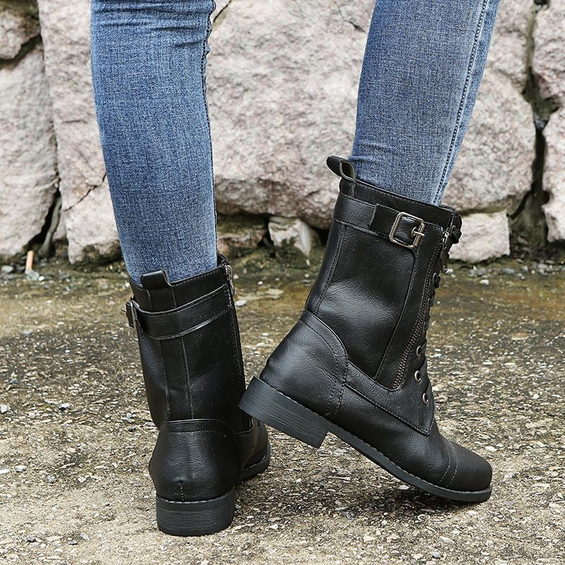 Angela | Women's Flat Boots Lace Up Side Zipper