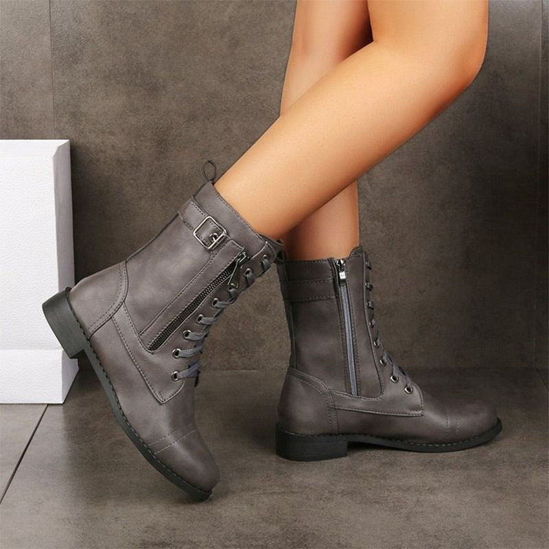 Angela | Women's Flat Boots Lace Up Side Zipper