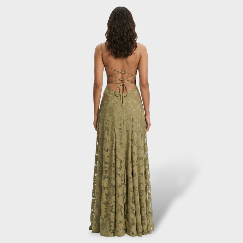 Norah | Women's Lace Formal Holiday Party Dress Long Open Back Evening