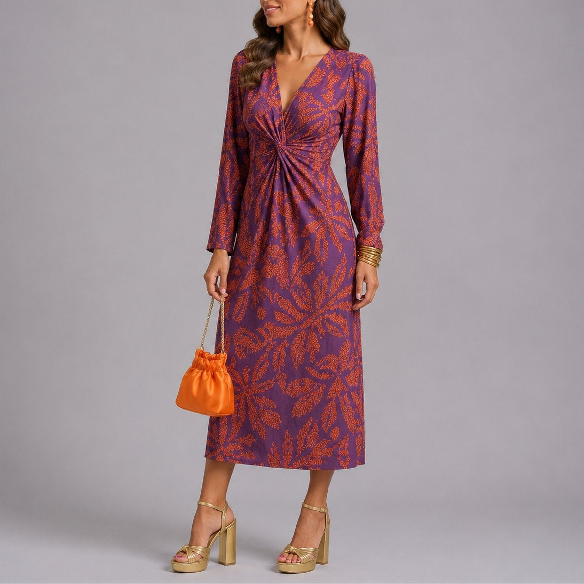 Isabella | Women's Printed Midi Winter Formal Dress Long Sleeve