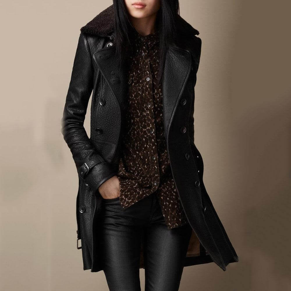 Eva | Women's Long Winter Leather Coat Sherpa Collar Double Breasted