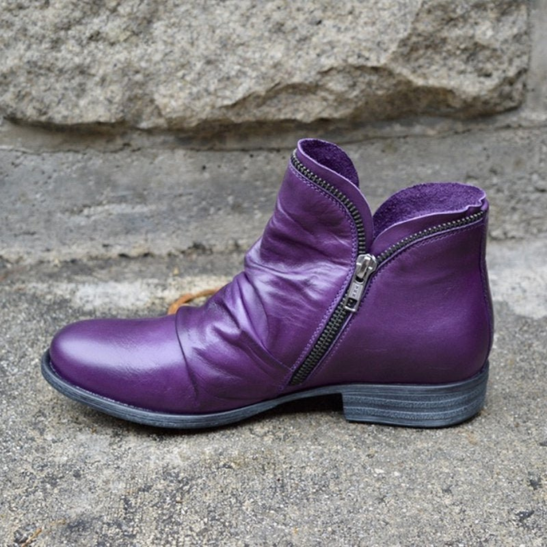 Alexandra | Women's Leather Ankle Boots Zipper Flat Heel