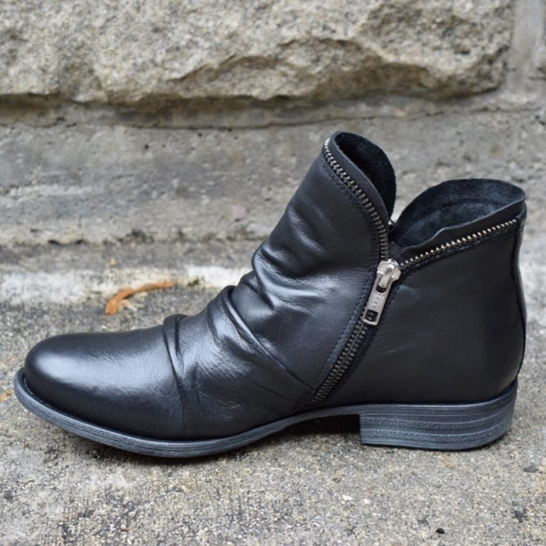 Alexandra | Women's Leather Ankle Boots Zipper Flat Heel
