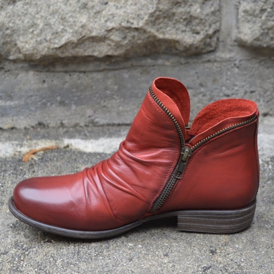 Alexandra | Women's Leather Ankle Boots Zipper Flat Heel