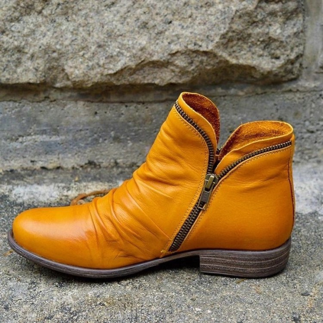 Alexandra | Women's Leather Ankle Boots Zipper Flat Heel