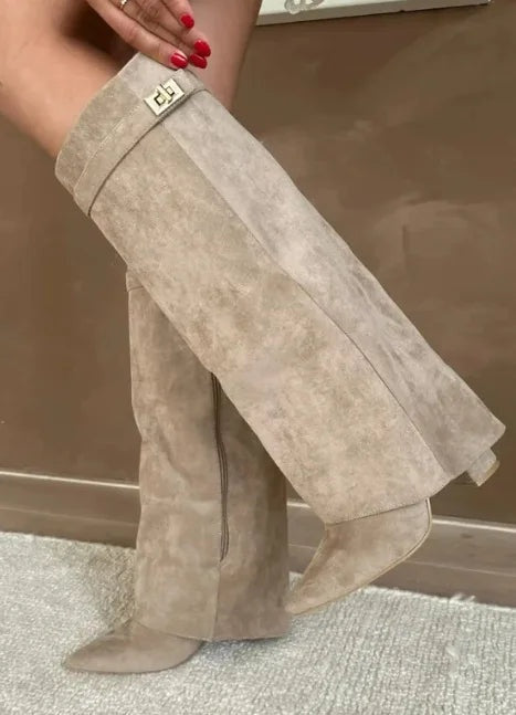Natalia | Women's Suede Tall Boots Knee High Buckle