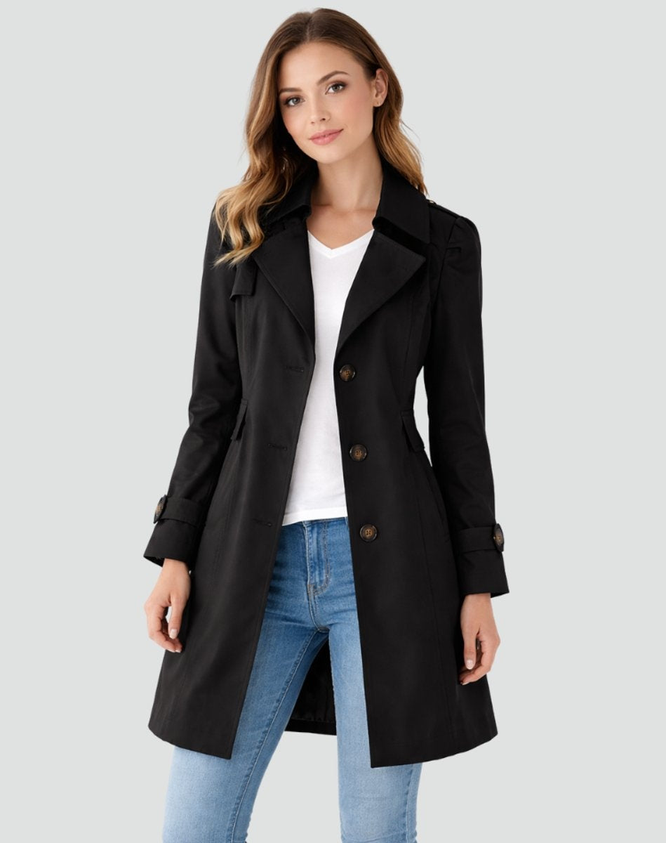 Nora | Women's Long Fitted Trench Coat Lapel Collar Buttons