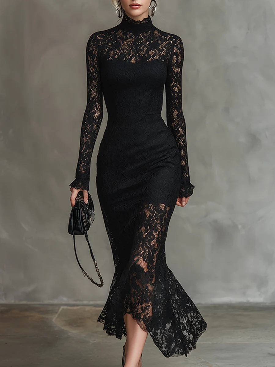 Samantha | Women's Long Sleeve Lace Winter Formal Dress High Neck