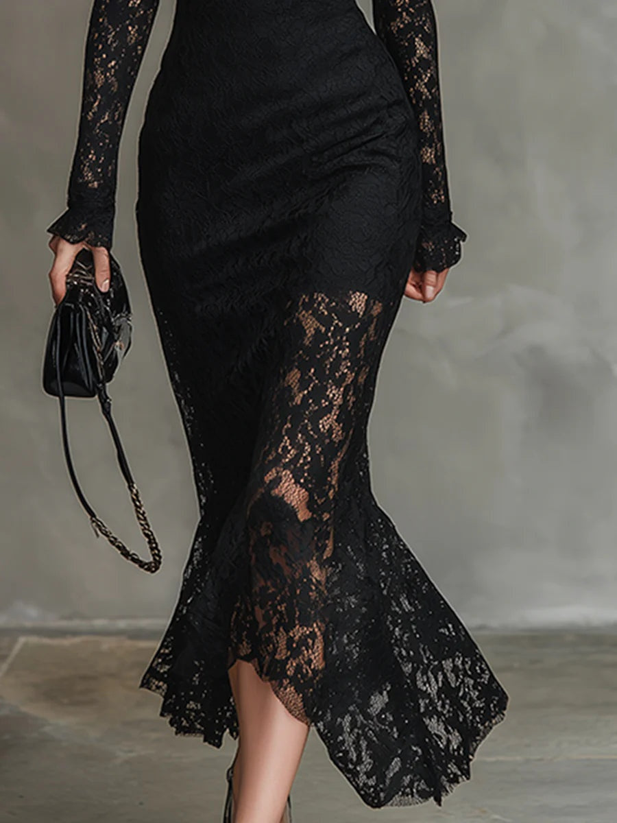 Samantha | Women's Long Sleeve Lace Winter Formal Dress High Neck