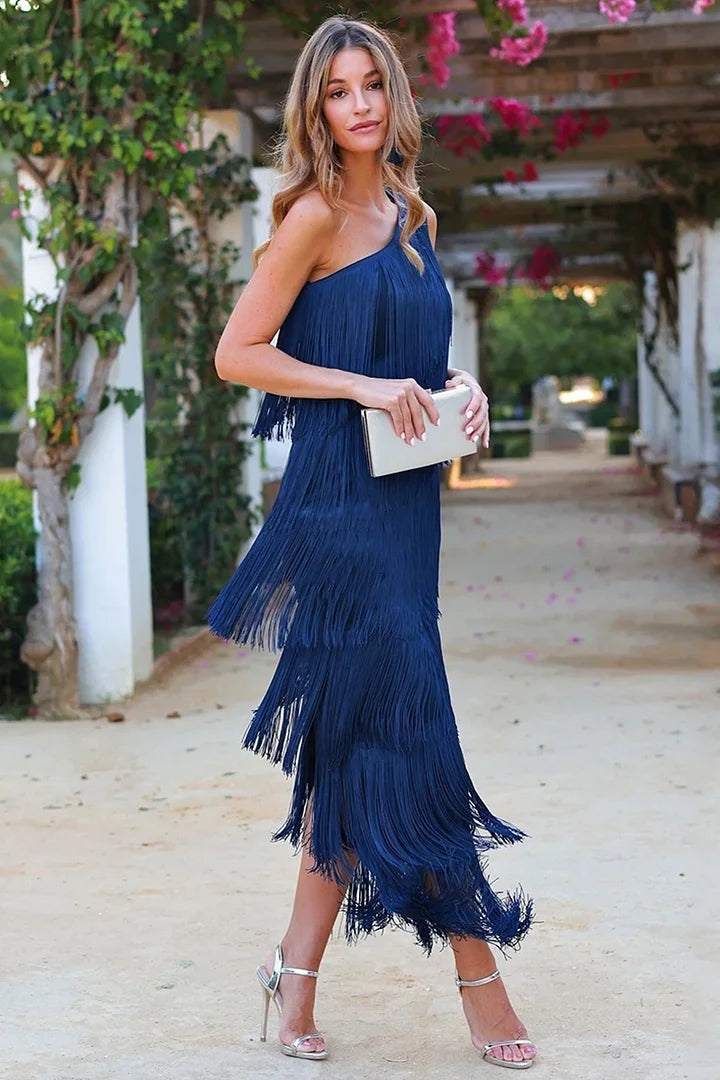 Emilia | Women's One Shoulder Formal Holiday Party Dress Long Asymmetric Fringe