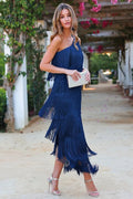 Emilia | Women's One Shoulder Formal Holiday Party Dress Long Asymmetric Fringe