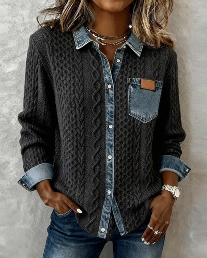Aria | Women's Cable Knit Sweater Denim Detail Long Sleeve