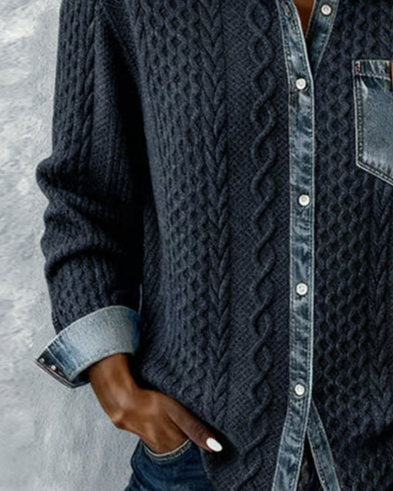Aria | Women's Cable Knit Sweater Denim Detail Long Sleeve