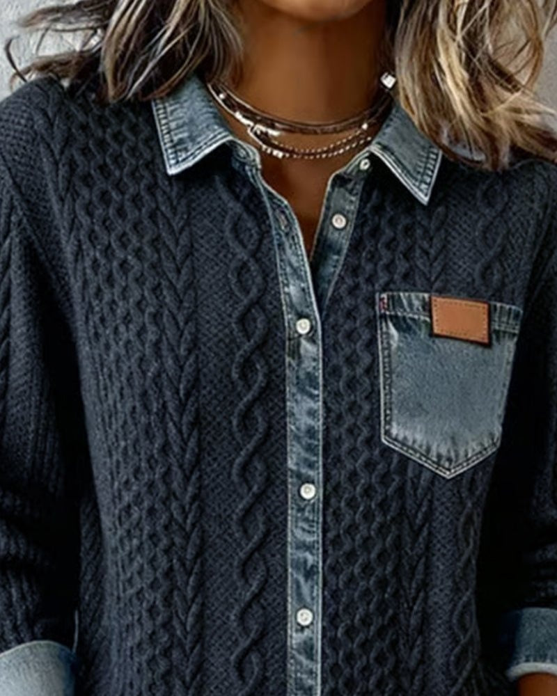 Aria | Women's Cable Knit Sweater Denim Detail Long Sleeve