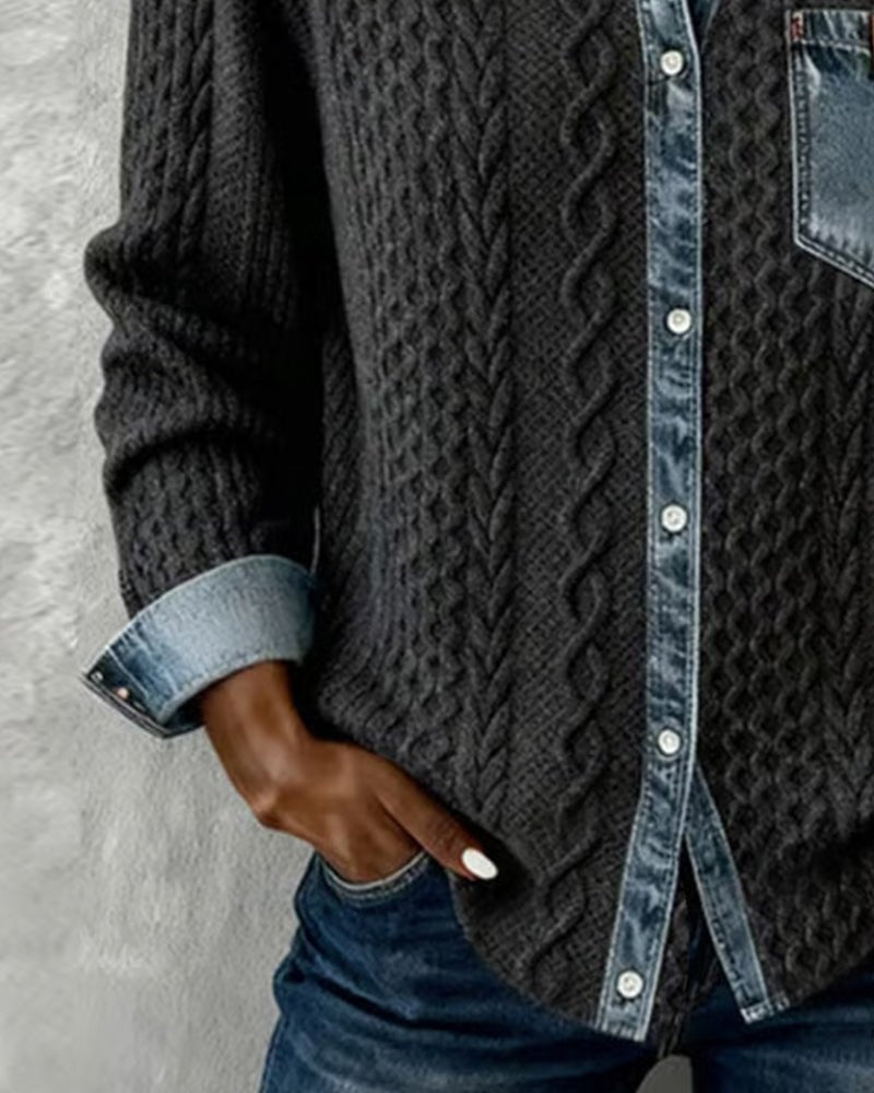 Aria | Women's Cable Knit Sweater Denim Detail Long Sleeve