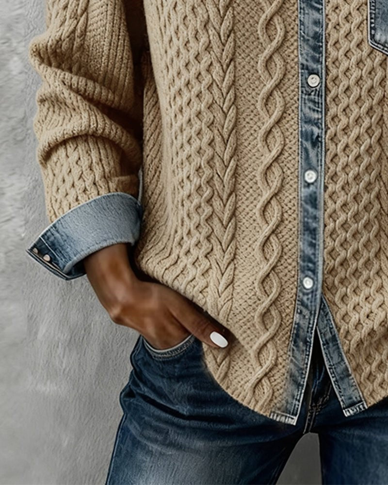 Aria | Women's Cable Knit Sweater Denim Detail Long Sleeve