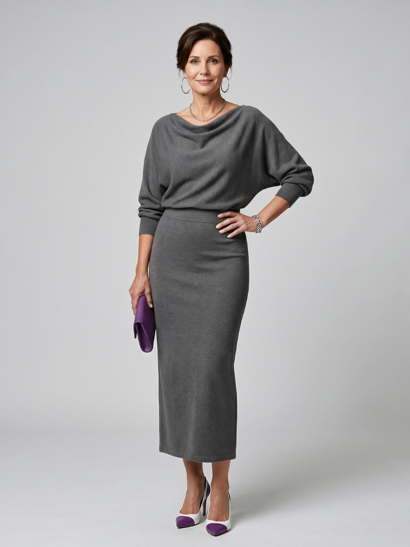 Alyssa | Women's Knit Midi Holiday Party Dress Long Sleeve Draped Neckline