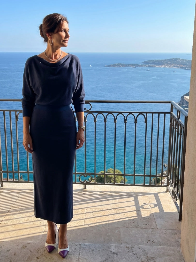Alyssa | Women's Knit Midi Holiday Party Dress Long Sleeve Draped Neckline